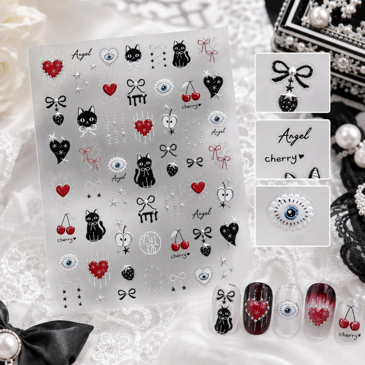 5D Nail Stickers – Black Cat Cherry Cartoon Self-Adhesive Decals Nail Art Stickers QXL