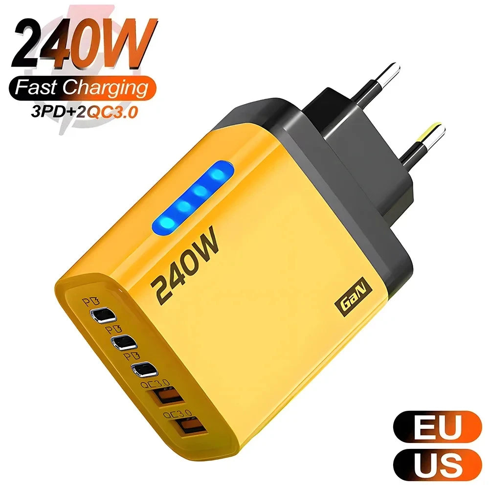 240W 5-Port USB-C PD & QC 3.0 Fast Wall Charger Adapter Multi-Port Wall Charger QXL