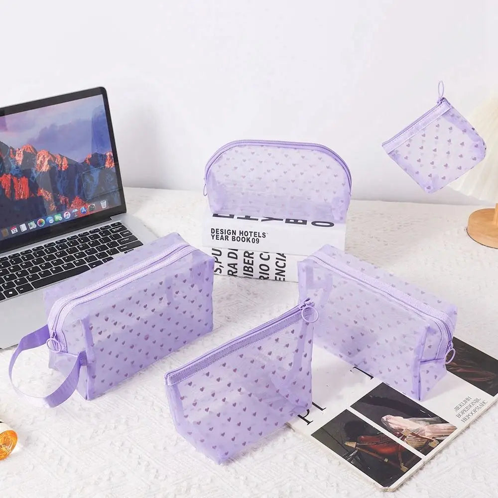 Heart Transparent Mesh Makeup Bag | Cosmetic Organizer Pouch Cosmetic Organizer Bag QXL