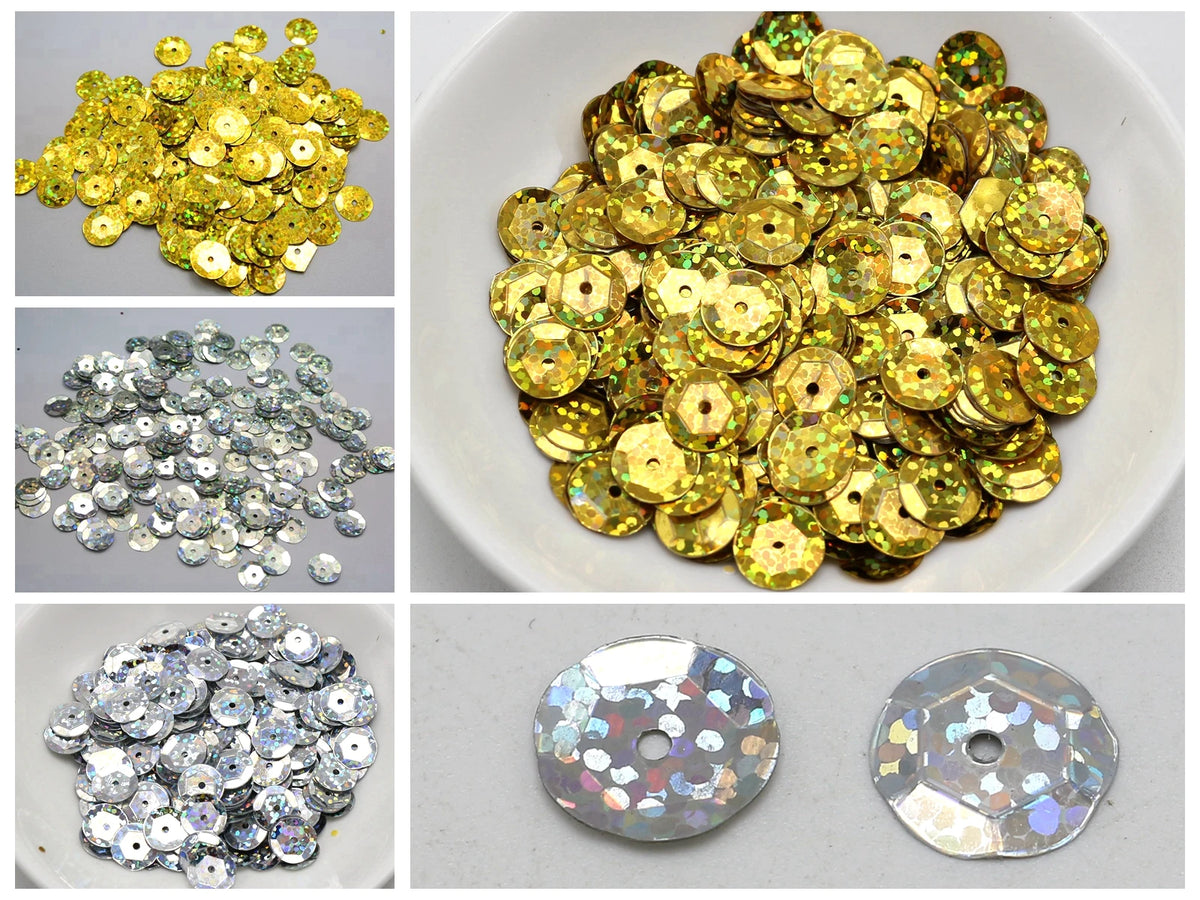 2000 Hologram Cup Round Sequins 10mm Silver & Gold Paillettes Craft Sequins QXL