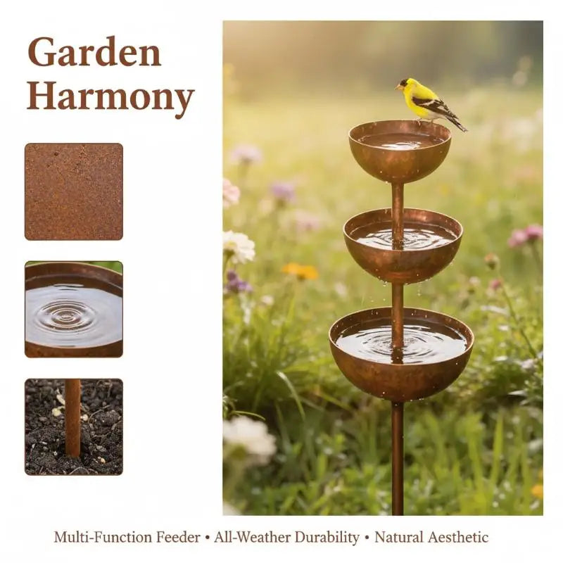 3-Tier Metal Rain Catcher Garden Stake | Bird Bath Ornament Garden Stake Ornament QXL