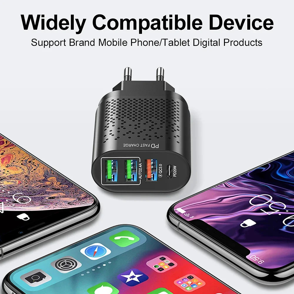 4-Port USB-C Wall Charger PD 20W & Quick Charge 3.0 USB Wall Charger QXL