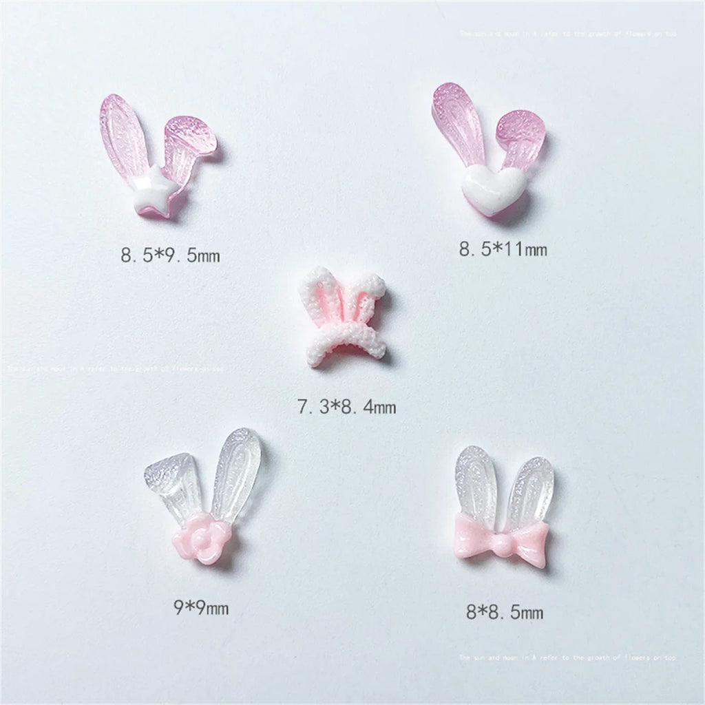 20-Pc 3D Rabbit Ear Resin Nail Charms | Kawaii Pink & White Nail Art Charms QXL