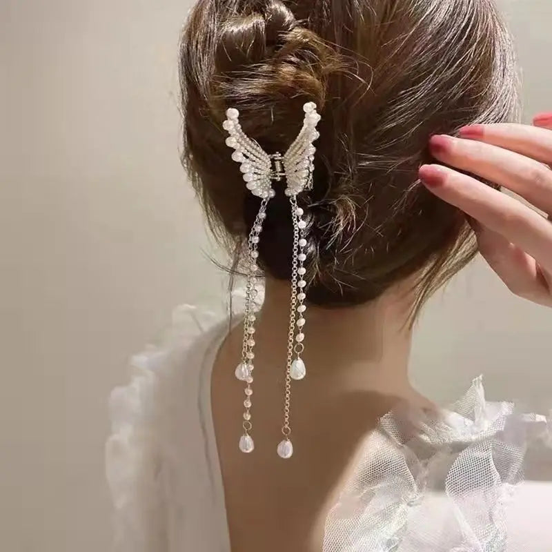 Butterfly Pearl Diamond Hair Claw Clip | Angel Wing Tassel Hair Claw Clip QXL