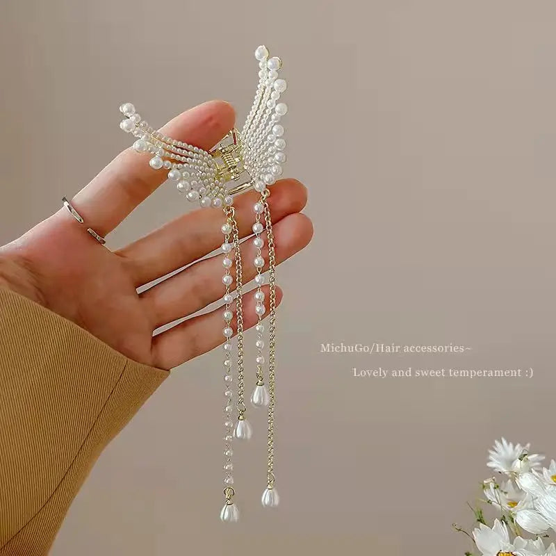 Butterfly Pearl Diamond Hair Claw Clip | Angel Wing Tassel Hair Claw Clip QXL