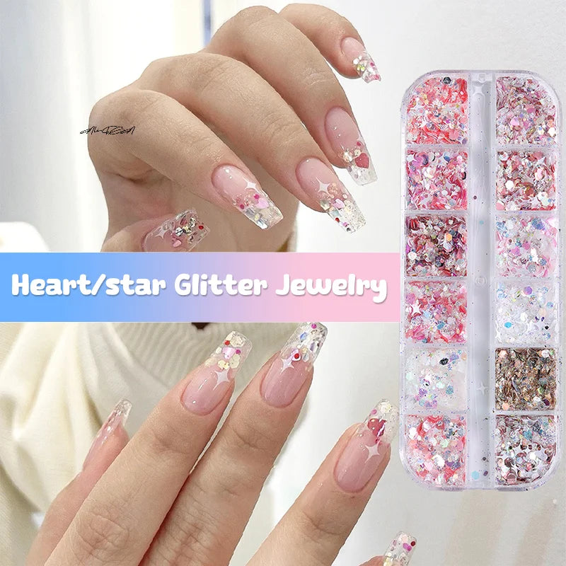 12-Grid Nail Glitter Sequin Set | Star & Heart Flakies Nail Glitter Set QXL