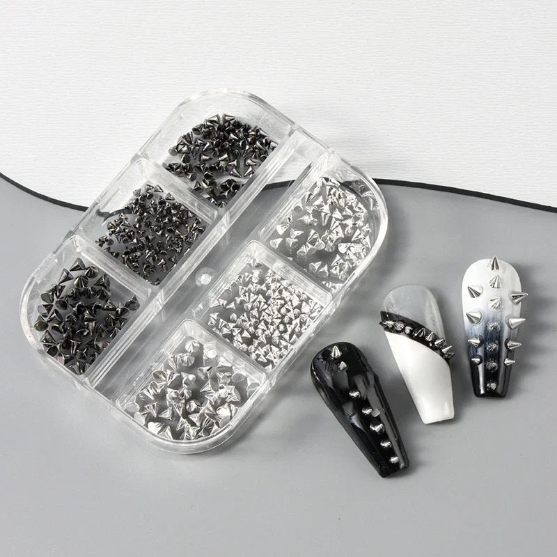 Y2K Punk Metal Rivet Nail Charms | 6-Grid Black & Silver Studs Nail Art Charms QXL