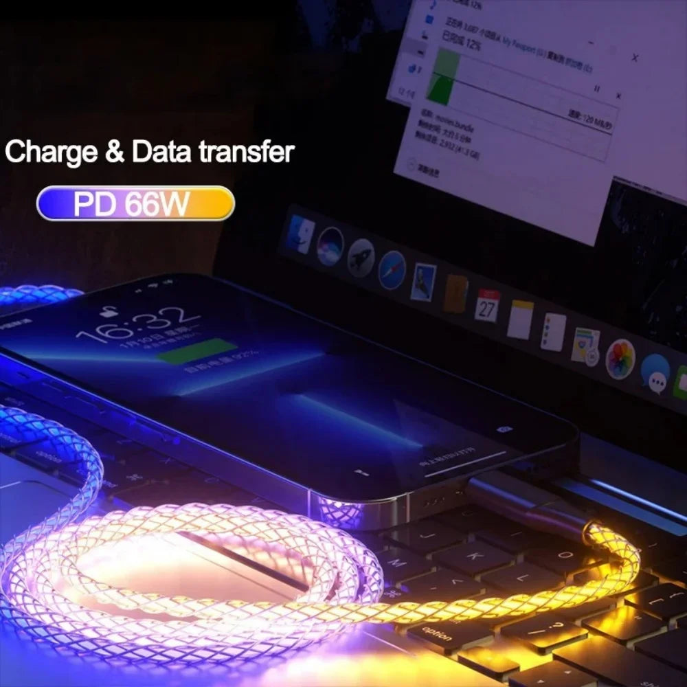 RGB USB-C Fast Charging Cable 66W 6A LED Glow – 1M USB-C Charging Cable QXL