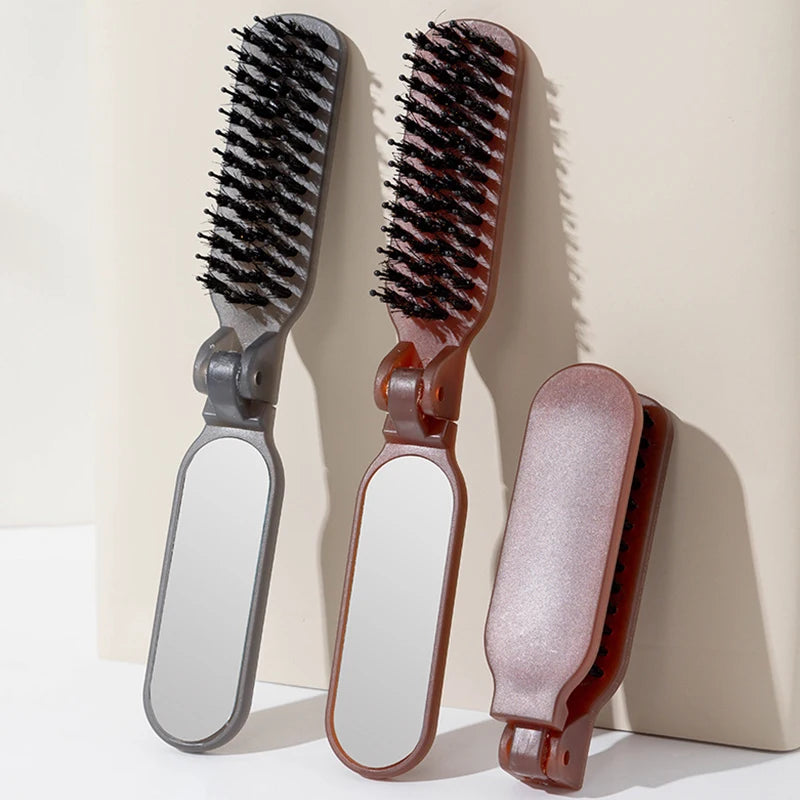Foldable Boar Bristle Travel Hair Brush with Mirror | Pocket Travel Hair Brush QXL