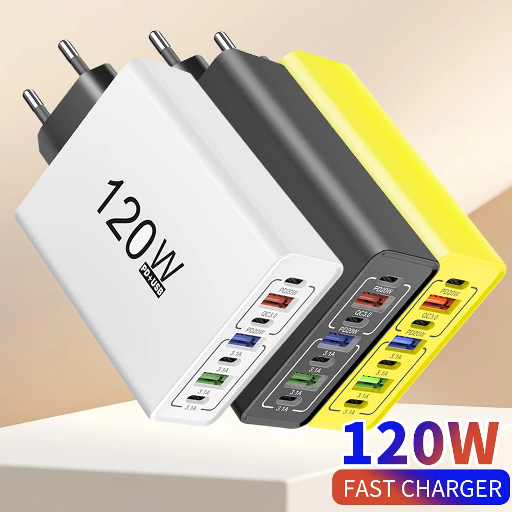 120W 7-in-1 USB-C Fast Wall Charger | PD & Quick Charge 3.0 Multi-Port Wall Charger QXL