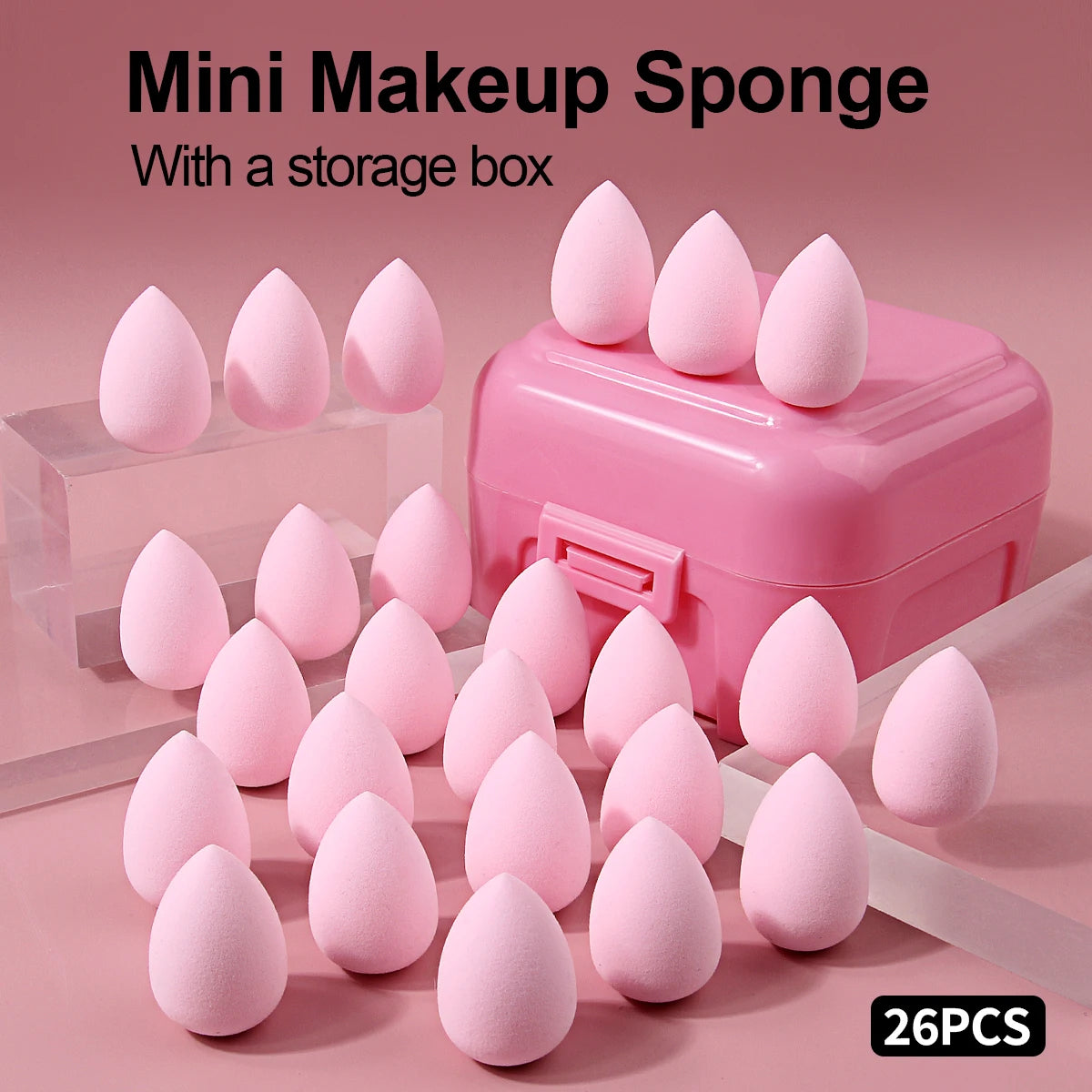 26-Pc Mini Pink Makeup Sponges with Storage Box | KOSSHOW Makeup Sponge Set QXL Pink