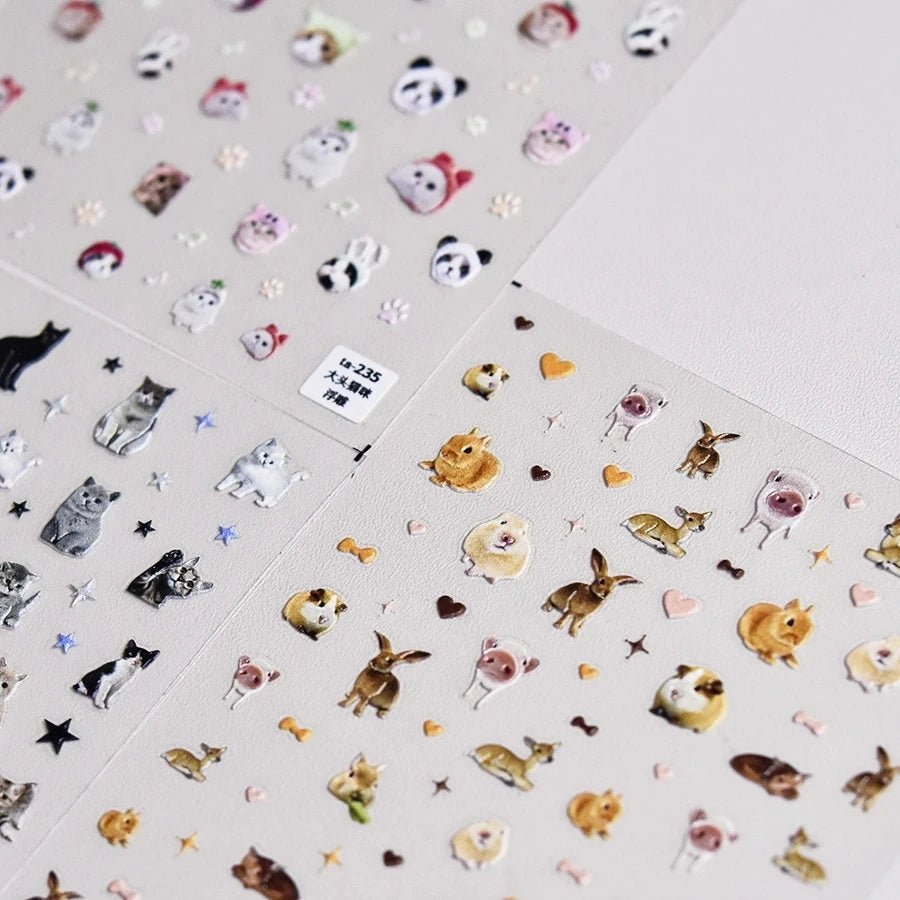 3D Embossed Animal Nail Stickers | Dog Cat Bunny Decals Nail Art Stickers QXL