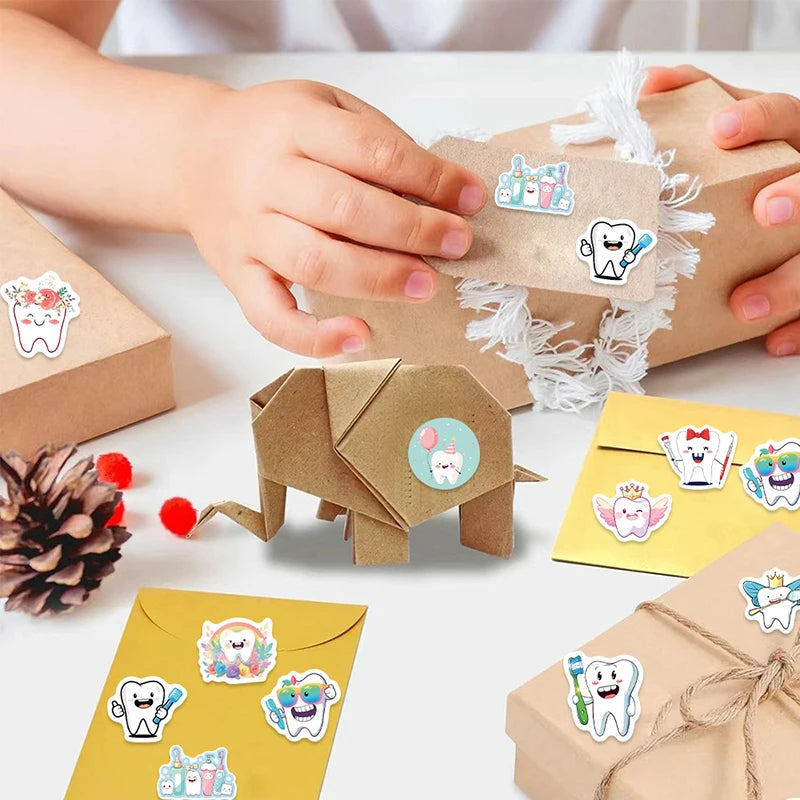 500 Cartoon Tooth Stickers Roll | Kids Dental Reward Stickers Reward Sticker Roll QXL