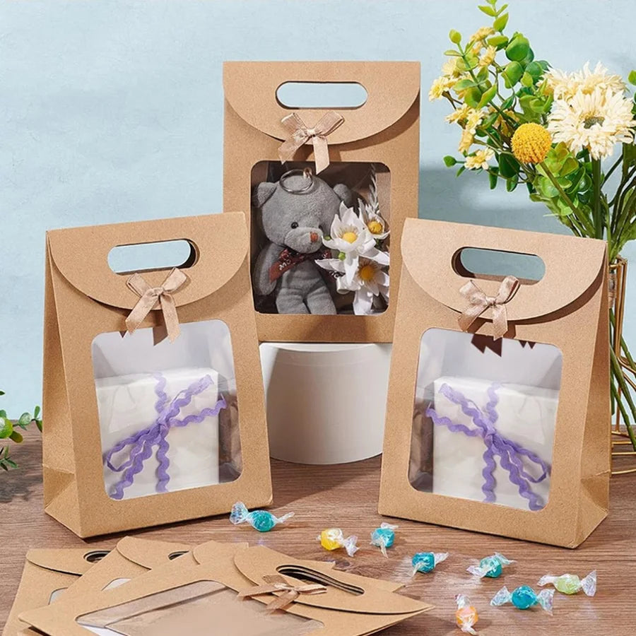 12-Pack Kraft Stand-Up Gift Bags with Window & Ribbon Gift Bags QXL