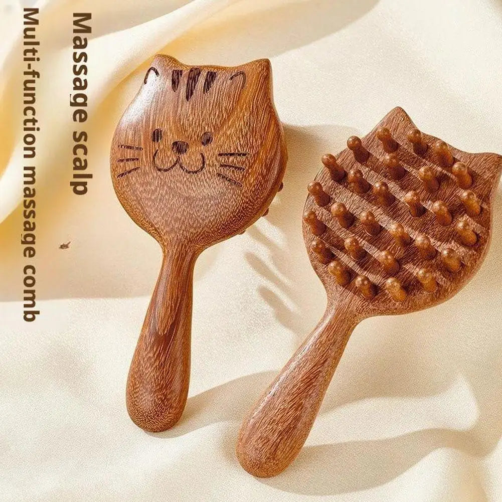 Kitten Cat Massage Comb | Sandalwood Wide Tooth Hair Comb Scalp Massage Comb QXL