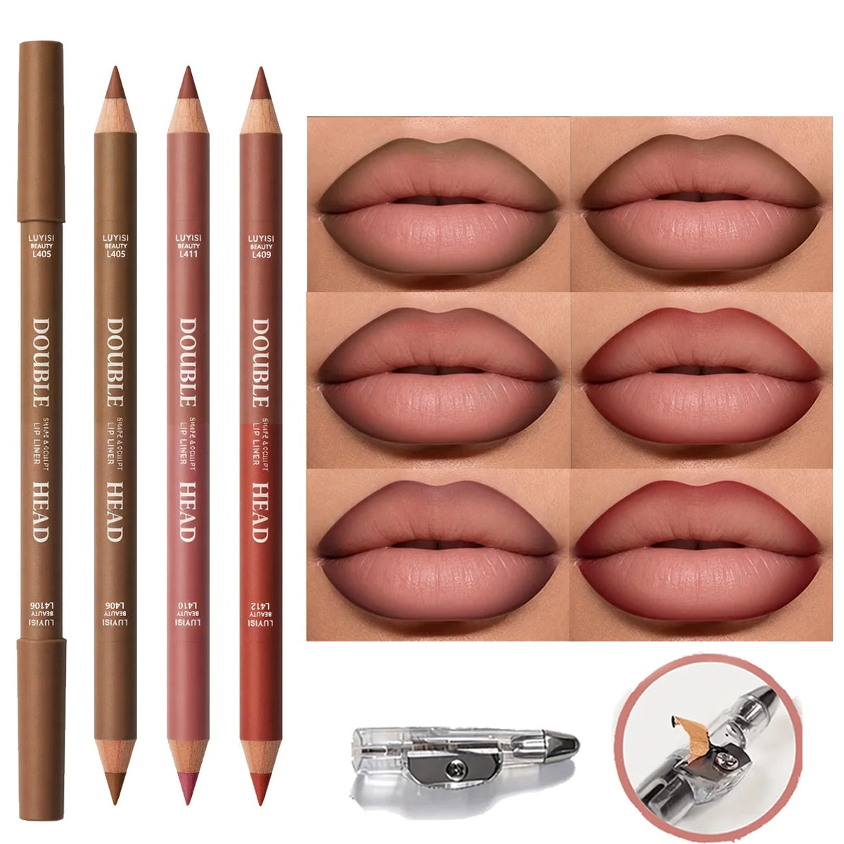 3-Pack Double-Ended Waterproof Matte Lip Liners + Sharpener Lip Liner Set QXL