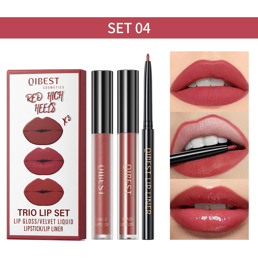 QIBEST 3-Pc Lip Set – Liner, Matte Glaze & Gloss | Long-Lasting Lip Makeup Set QXL 04