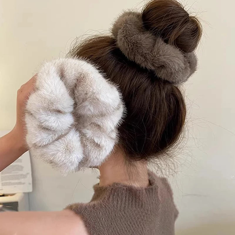 Plush Faux Fur Scrunchies | Women's Fluffy Hair Bands Plush Hair Scrunchie QXL