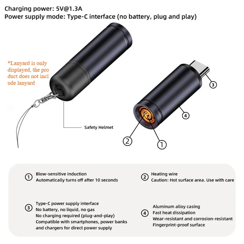 USB-C Flameless Electric Lighter | Windproof Blow-to-Ignite Electric Lighter QXL Grey