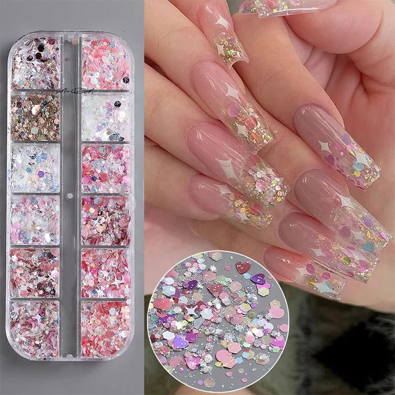 12-Grid Nail Glitter Sequin Set | Star & Heart Flakies Nail Glitter Set QXL