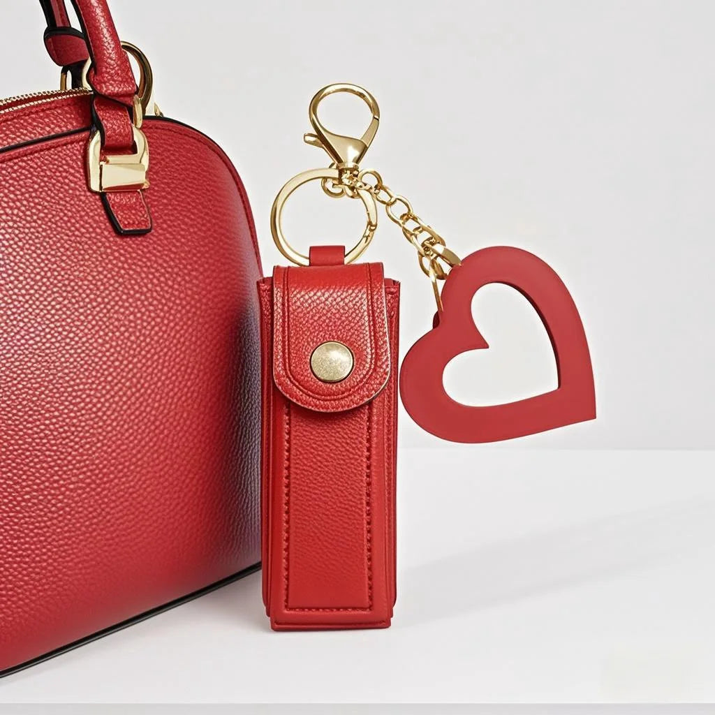Mini PU Lipstick Case Keychain with Heart-Shaped Mirror Lipstick Case Keychain QXL