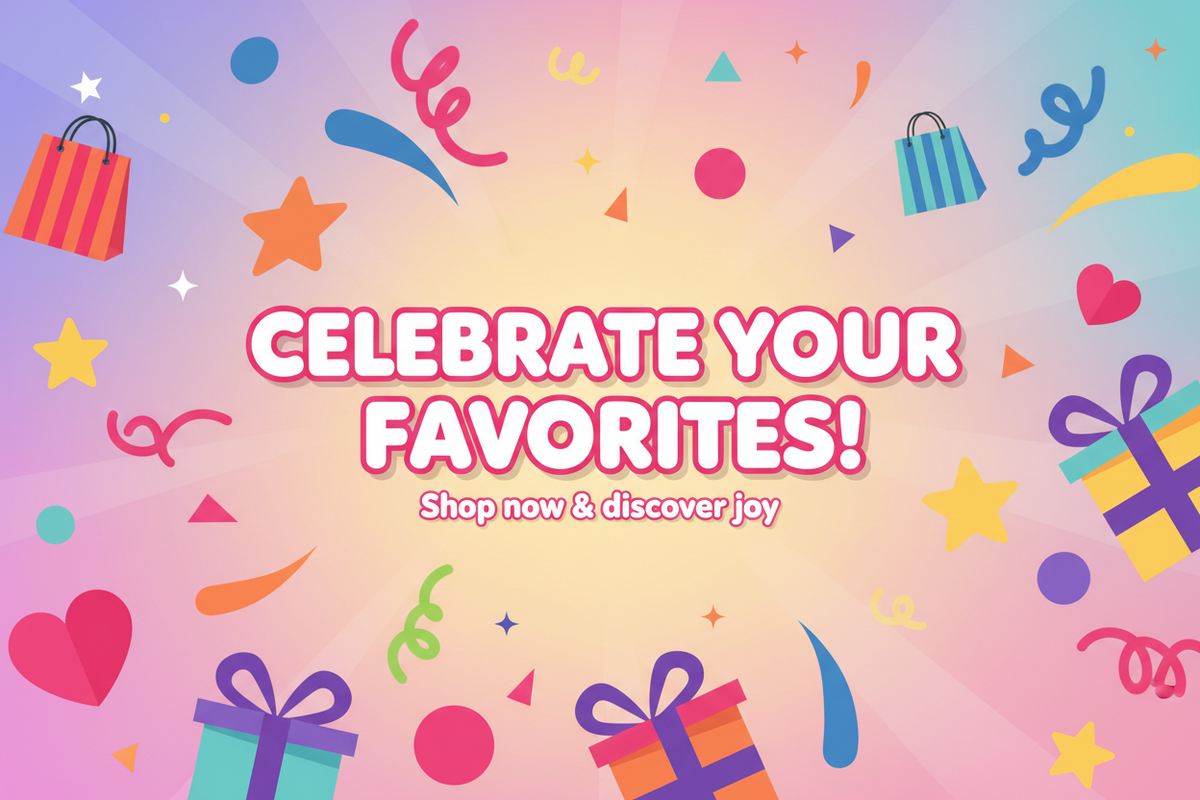 A colorful promotional graphic with the text 'CELEBRATE YOUR FAVORITES! Shop now & discover joy' centered on a pastel gradient background with confetti, stars, shopping bags, hearts, and gift boxes.